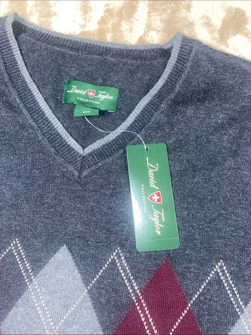 Vintage David Taylor Cotton Gray Argyle V-Neck Sweater Vest - Picture 3 of 5